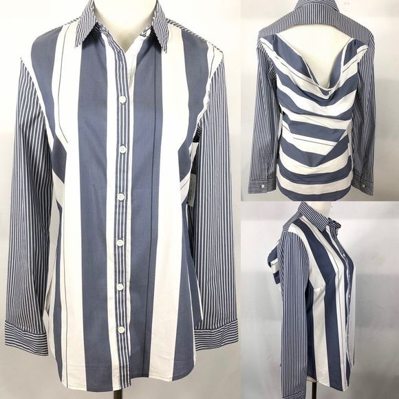 NWT BELLE SKY Button Blue Striped Open Back Top - Picture 9 of 10